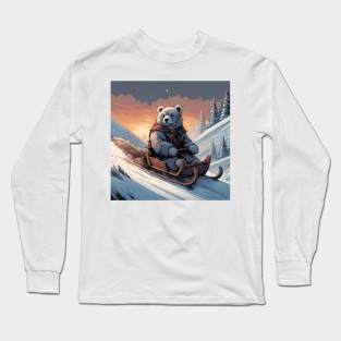 Teddy on a sledge riding down a hill in the snow Long Sleeve T-Shirt